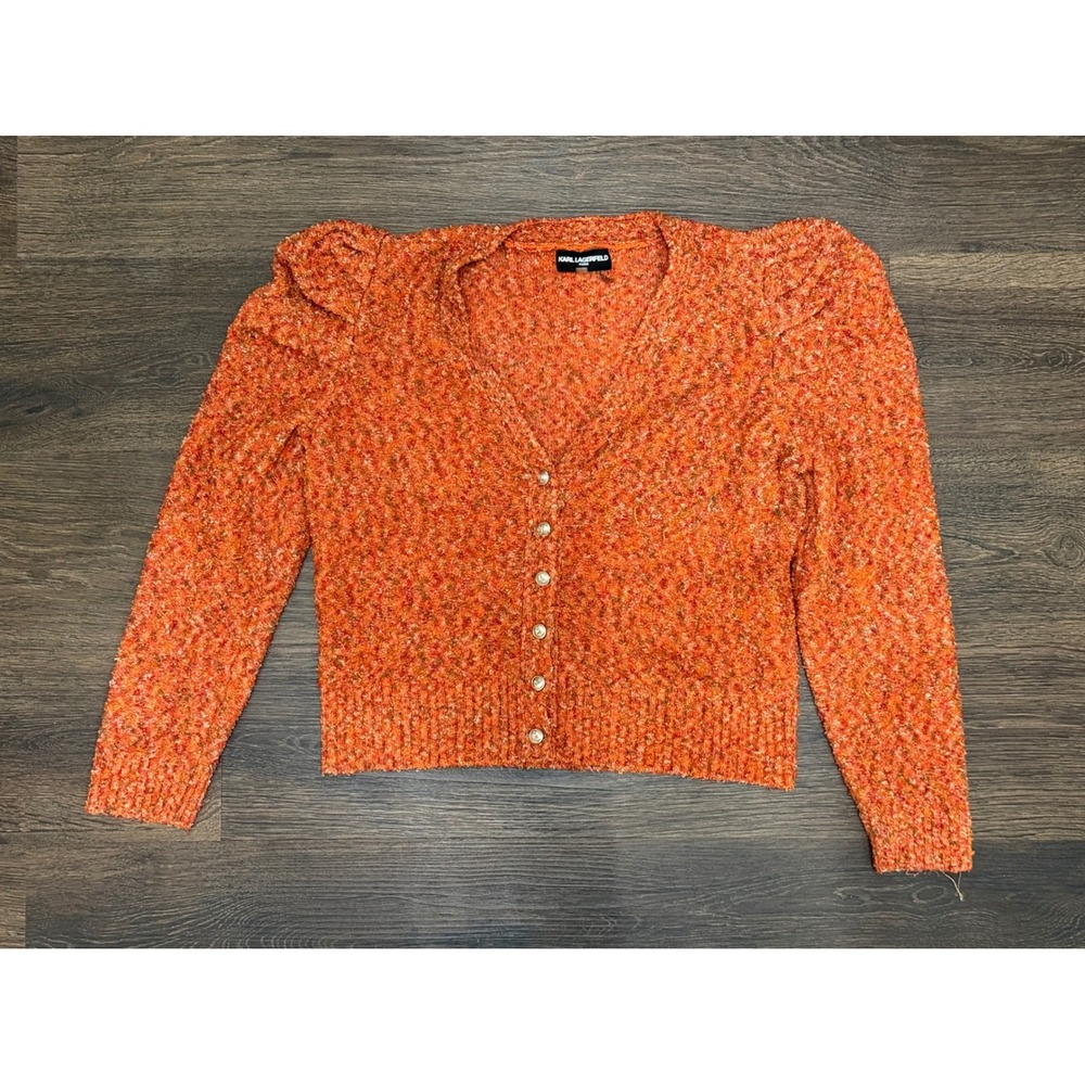 Karl Lagerfeld Paris Orange Boucle Cardigan Women M Puff Shoulder Button Front